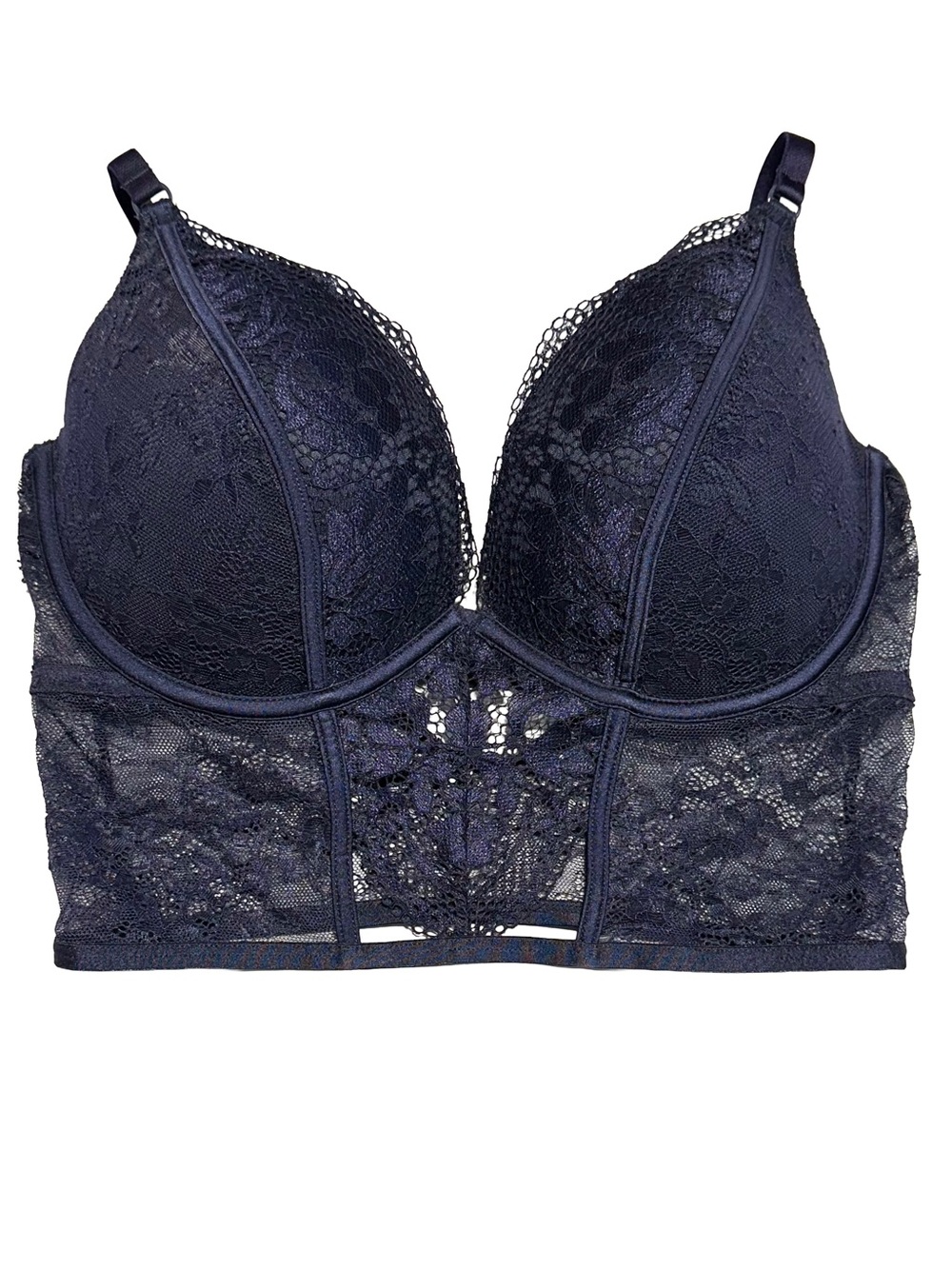 LA SENZA Navy Blue Lace Longline Bustier Corset Bralette Coquette D/DD